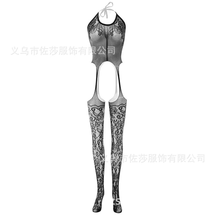 One Size Fits Black Floral Pattern Fishnet Bodystocking Attached Stockings Sexy Lingerie Crotchless Mesh Suspender Tights