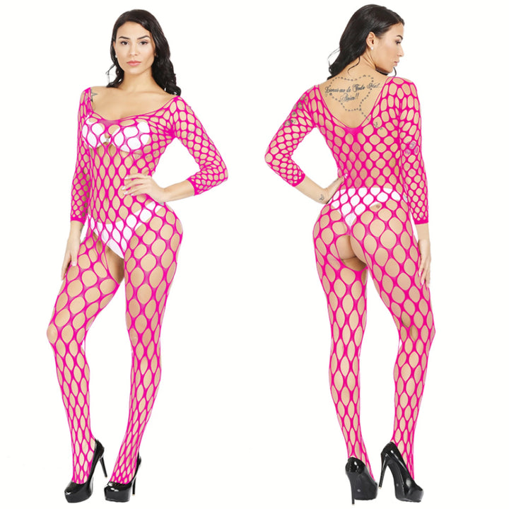 Popular Women's Sexy Long Sleeve Mesh Sheer Bodysuit Fishnets Nylon Stockings Full Body Women's Erotic Black Bodysuit