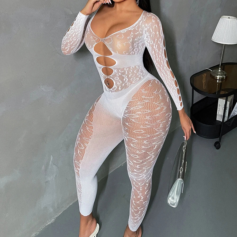 Woman Sexy Plus Size Body Stockings Mesh Sheer Transparent Bodystocking Long Sleeve Bodysuit Fishnet Pantyhose/Tights