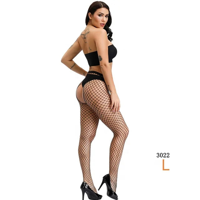 UYW Design Double-sided Open- Crotch Fishnets Body Stockings Womens High Waist Tights Sexy Sheer Mesh Pantyhose