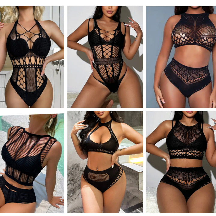 Hot Retro Women's Clothing Black Lace Panties Sexy Seamless Lingerie Erotic Dancewear Nylon Fishnet Lingerie Dress 2pc