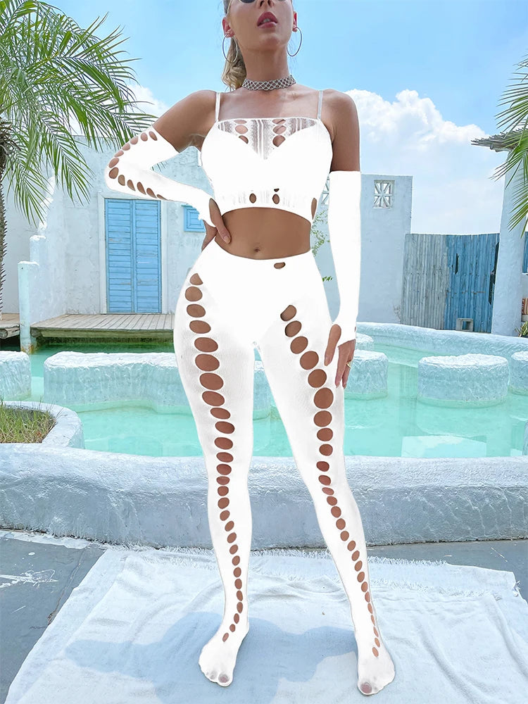 2024  Summer  Hawaiian Vacation  Beachwear Cuffs Halter Ups Thigh-high Pantyhose Set Big Hole Sheer Fishnet Body Stocking