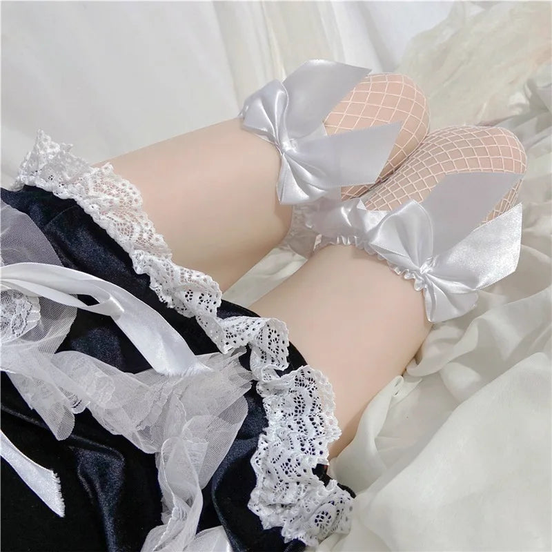 UYW Girl Dark Loli Bow Sexy Black Knee Lace Side Thin Fishnet Stockings