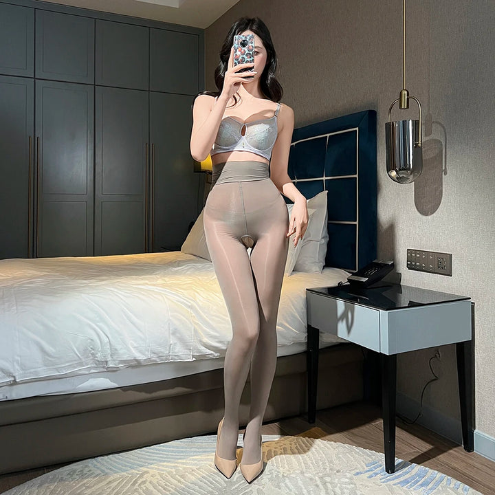 Sexy Oil Glossy Silk Stockings Full Body Fishnet Pantyhose Women Sexy Crotchless Erotic Lingerie Femme Sexy Stockings
