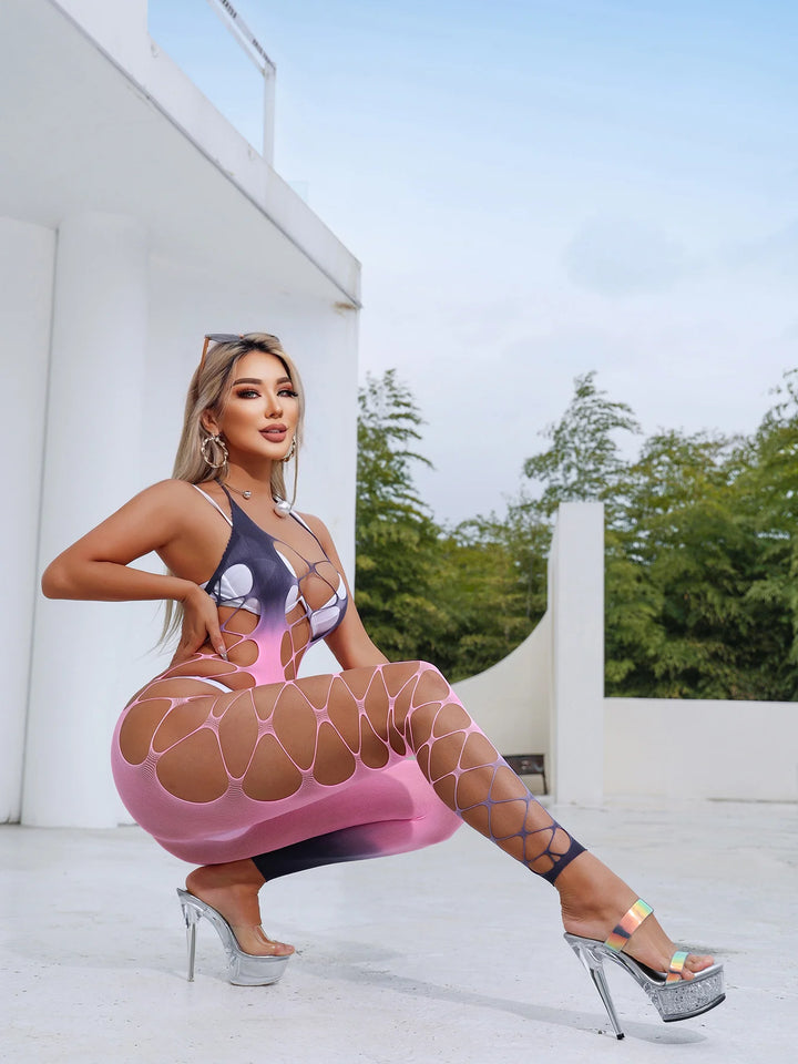 Gradual Pink Full Body Stocking for Women Transparent Bodysuit Hollow Out Lingerie Bodycon Jumpsuits Hot Selling Products W824