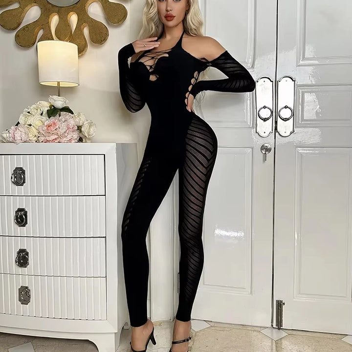 Sexy Lace Stretch Slim Jumpsuit Midnight Party Clubwear for Women 2025 Long Sleeve Dress See Through Hollow Out Romper