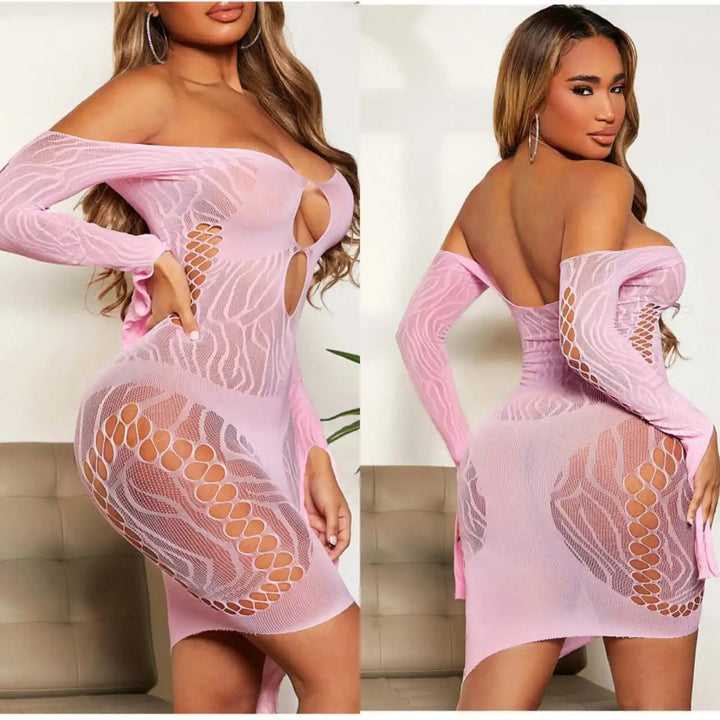 Women's Sexy Breathable Dress New Mesh See-Through with Hollow Off-Shoulder Long Sleeve Patchwork Fashion Design Skinny Fit Wear
