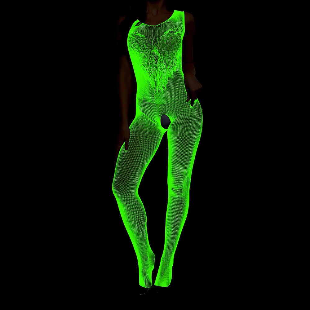 Halloween Glow in the Dark Fishnet Stockings Dress  Luminous Sexy Fishnet Pantyhose for Women's Sexy Erotic Lingerie