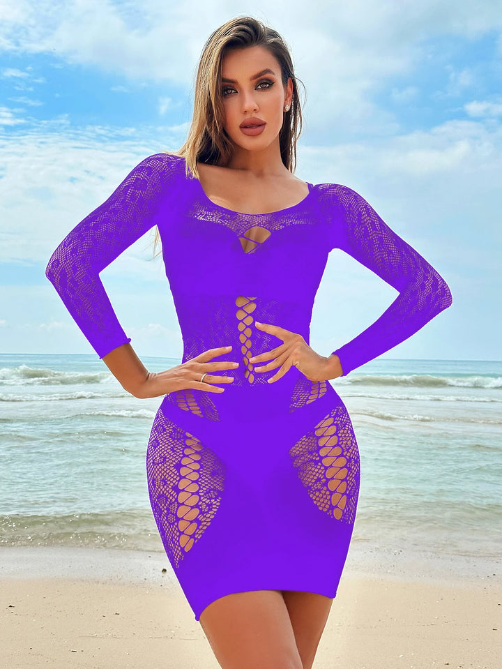 Women Night Dress Leopard Hollow Out Sexy Long Sleeve Bodycon Lace Out Romper Babydoll Women Exotic Teddies Bodysuits