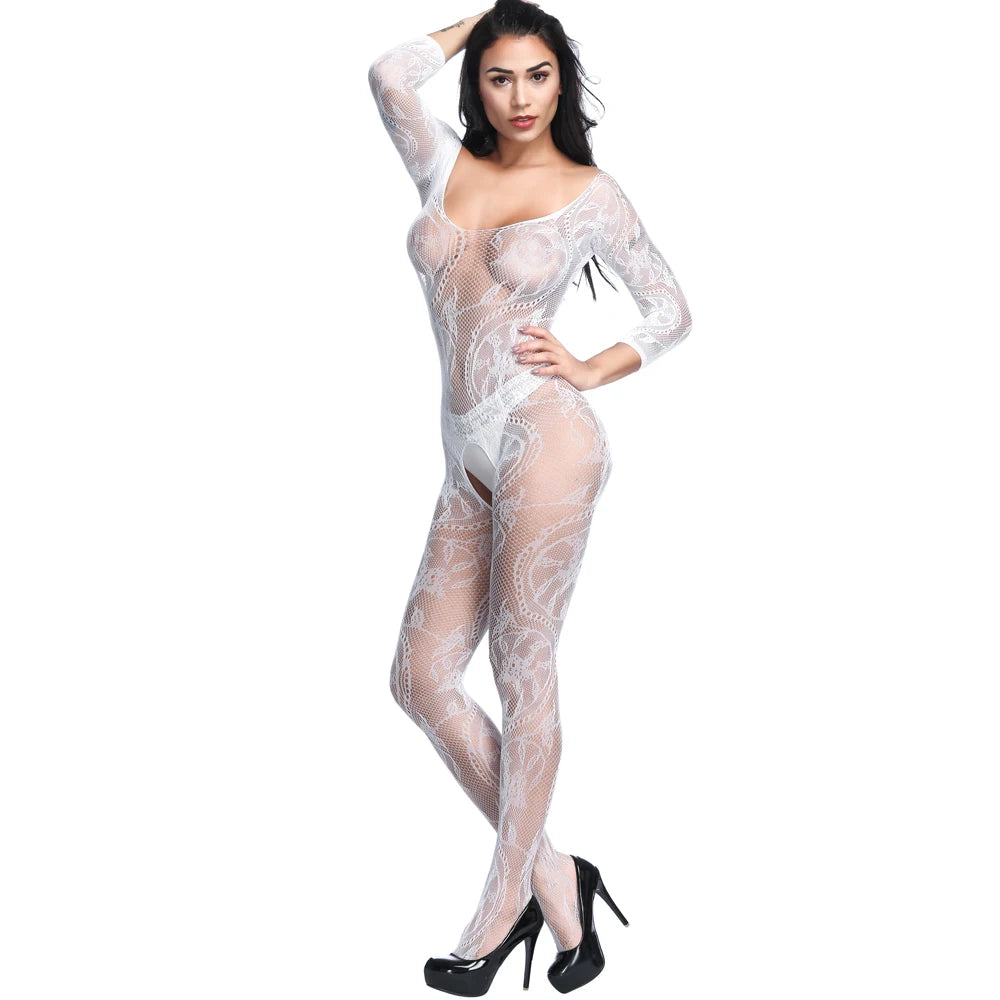 Vintage Full Body Erotic Lingerie Dancewear Femme Sexy Crotchless Bodysuit Black Lace Cutout Transparent Bodystocking