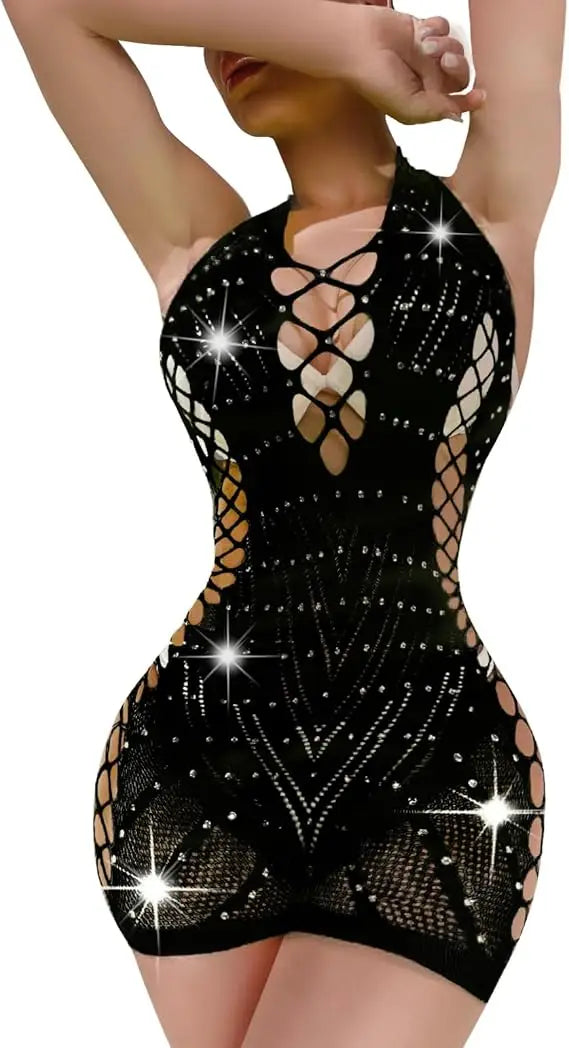Lingerie with Sparkle Rhinestones Woman Sexy Mini Dresses Fishnet Babydoll Nightwear Cut Out Gemstone Bodysuit Chemise