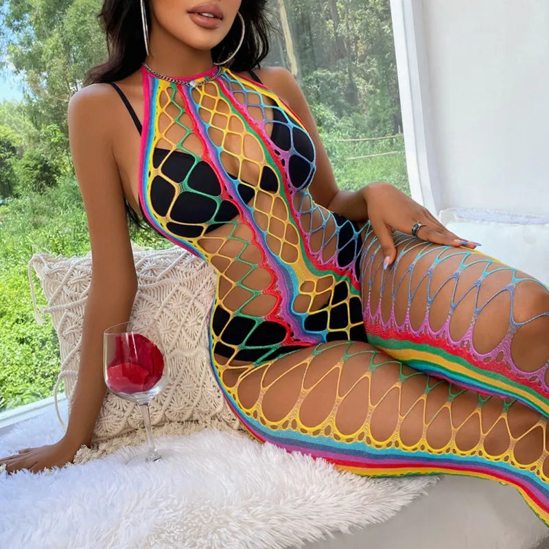 Lingerie Manufacturer  Rainbow Fishnet Women's Underwear Wholesale Bodysuits Exotic Costumes Bodystocking Transparent