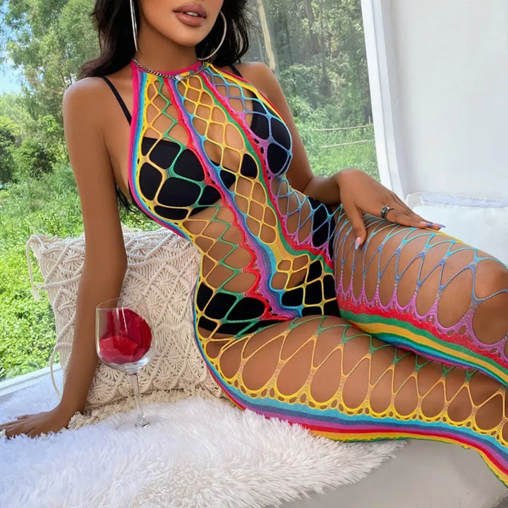 Lingerie Manufacturer  Rainbow Fishnet Women's Underwear Wholesale Bodysuits Exotic Costumes Bodystocking Transparent