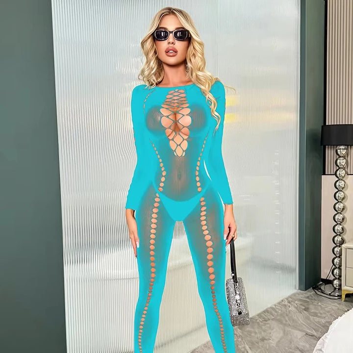 Long Sleeve Body Stocking  Women Fishnets Jumpsuit Off Shoulder Transparent Sexy Lingerie Hollow Out Chest K038