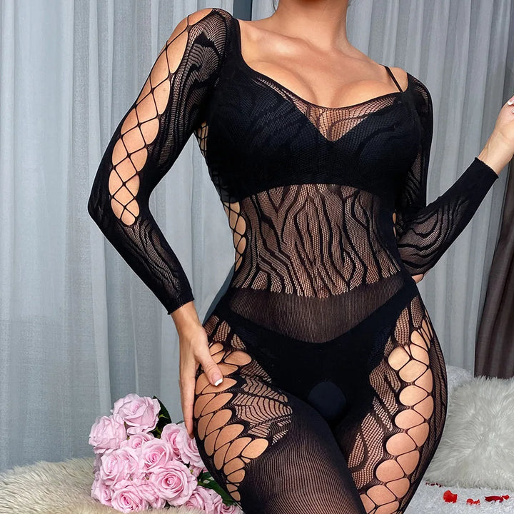 Black  Silk Crotchless Pantyhose Tights  Hollow Out Bodysuit Sexy Erotic  Catsuit  Women Nightgown