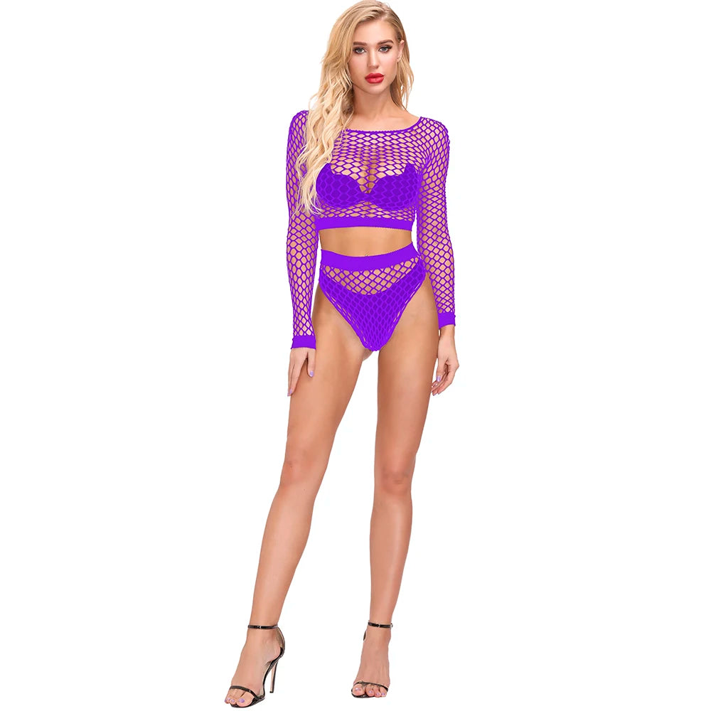 Wholesale Nylon Fishnet Body Dolls Adult Sexy Lingerie for Women Exotic Underwear Hollow Out Body Stocking 2pcs Set