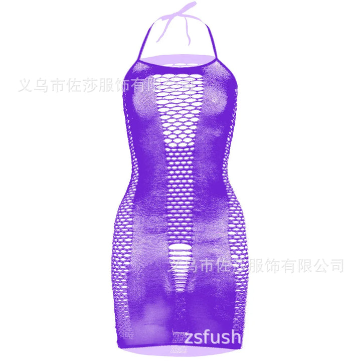 2024 New off Shoulder Red Hollow Out Strap Nylon Women Fishnet Dress Lingerie Bodystocking Plus Size for Women W319