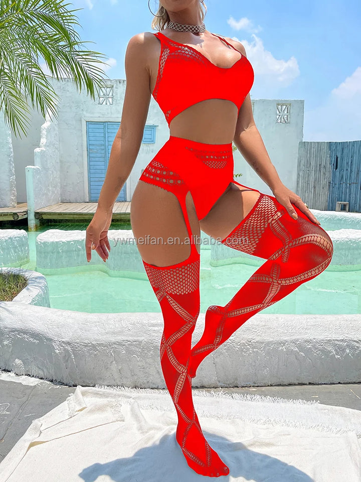 2pcs Sets Fishnets Bodystocking Sexy Cutout Tops/Tights Bodysuit Geometric Fishnets Bodysuit Sexy Suspender Pantyhose