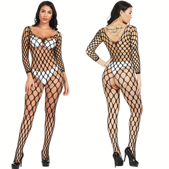 Popular Women's Sexy Long Sleeve Mesh Sheer Bodysuit Fishnets Nylon Stockings Full Body Women's Erotic Black Bodysuit