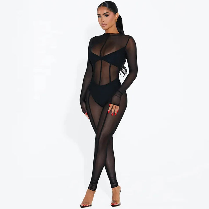 2024 New Trendy Women Bodysuits Stretch Black Mesh One Piece Playsuits Ladies Mesh Fashion Sexy See Through Rompers for Women