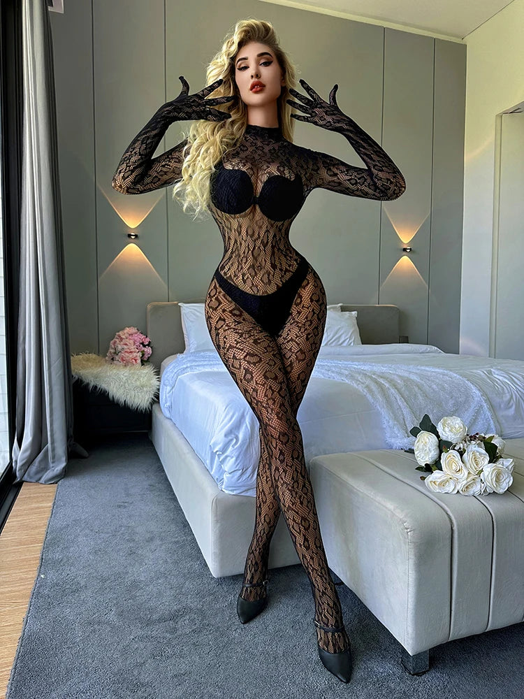 Wholesale New Leopard  Sexy Fishnet Bodystocking  Long Sleeve Bodysuit With Backless Design See Through One Piece Jumpsuit Women