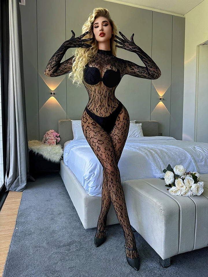 Wholesale New Leopard  Sexy Fishnet Bodystocking  Long Sleeve Bodysuit With Backless Design See Through One Piece Jumpsuit Women