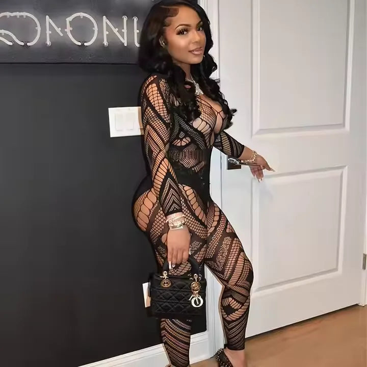 Summer One Piece Romper See Through Bodystocking Hollow Out Jumpsuit Bodycon Sexy Party Club Erotic Bodysuits W569