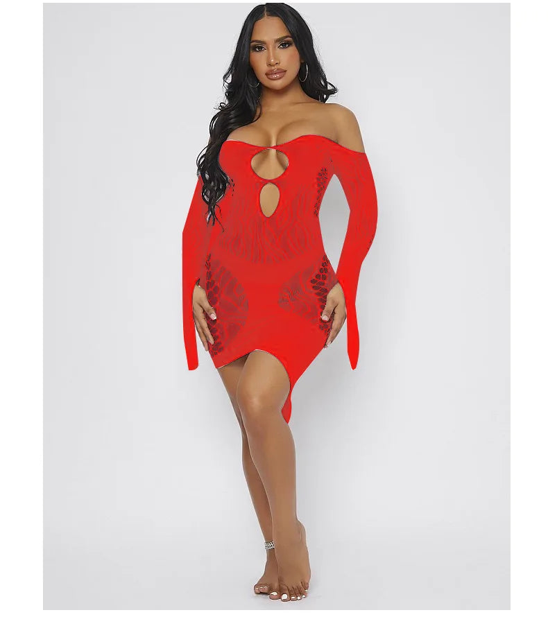 Women's Sexy Breathable Dress New Mesh See-Through with Hollow Off-Shoulder Long Sleeve Patchwork Fashion Design Skinny Fit Wear