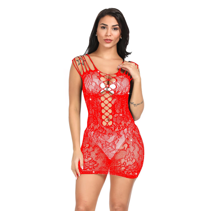 Hot Rhinestone Lingerie Dress Womens Shiny Party Costumes Lenceria Para Mujer Sexy Straps Fishnet Body Stocking Dress