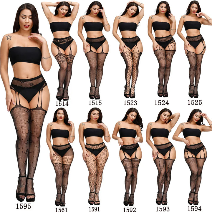 2025 Plus Size XXL Sexy Lingerie Crotchless Tights Garter Belt Suspender Pantyhose Fishnet Seamless Lenceria Body Stockings