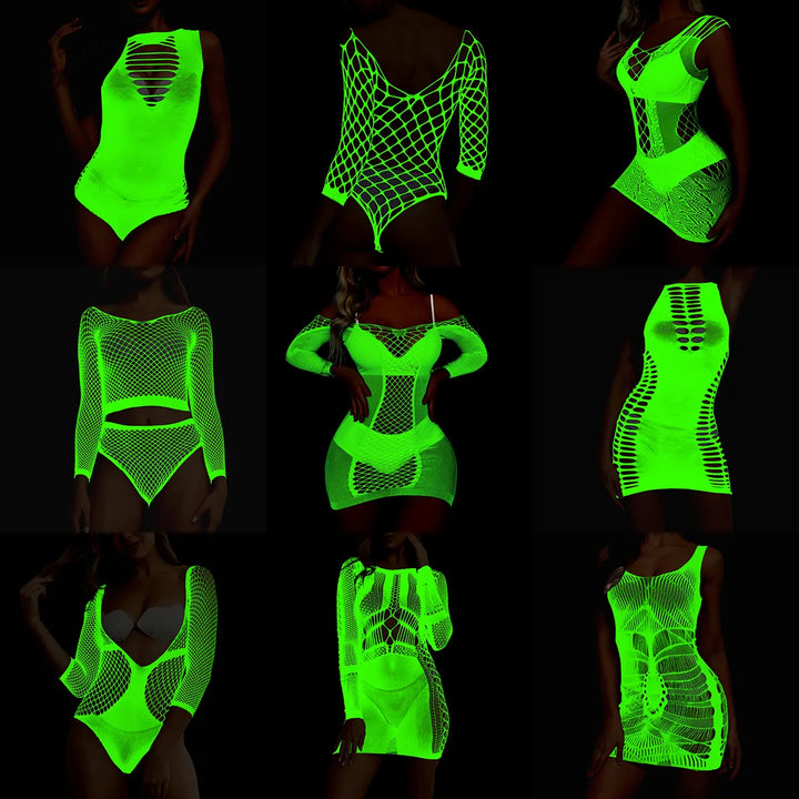 Luminous Fishnet Stockings Full Body Stocking Lingerie Dress Glow in the Dark Bodysuit Jumpsuit Night Party Dancewear