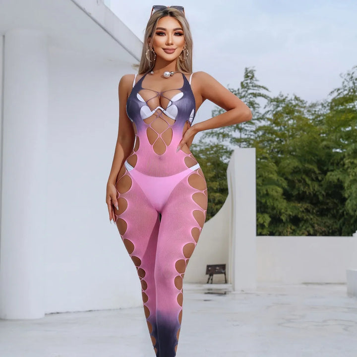 Gradual Pink Full Body Stocking for Women Transparent Bodysuit Hollow Out Lingerie Bodycon Jumpsuits Hot Selling Products W824