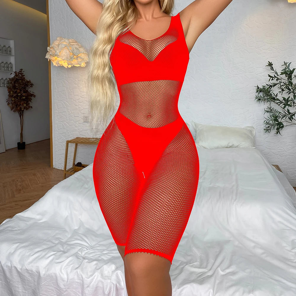 2024 Femme Lingerie Sexy Solid Mesh Bodysuit Women's Sexy Erotic Lingerie Stockings Fishnet Crotchless Bodystocking