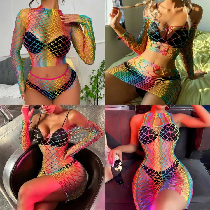 Colorful Sexy Body Stocking Dress with Transparent Lace Bodysuit Hollow Out Pattern Swimsuit Beach Bikini for Women