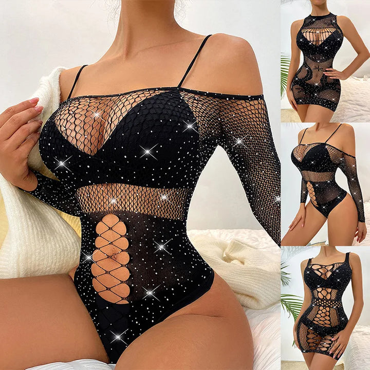 Drilling Shiny Mesh Clothing Erotic Lingerie Cross-Border Fishnet Rhinestones Bodysuit Sparkle Black Mature Bodystocking