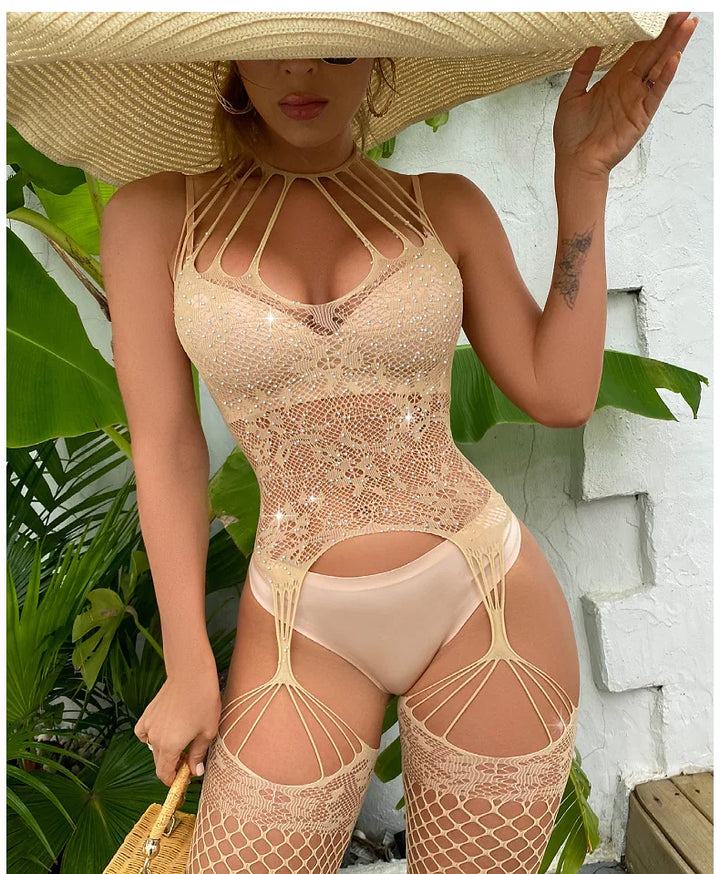 Women Sexy Lingerie Costume Erotic Nightwear Body Stocking Halter Rhinestone Hollow Out Fishnet Nude Bodystockings Tz692