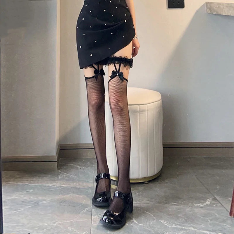 Sexy High Waisted Tights Lace Bow Condole Lace Suspender Thigh High Knee Fishnet Stockings Costume Party Tights