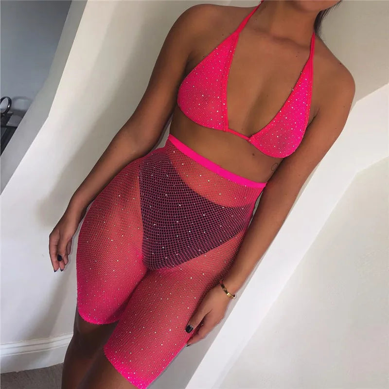 Mesh Body Stocking Halter Rhinestone Sparkle Bra Top Bikini High Waist Shorts Set Nightwear Fishnet Babydoll Chemise