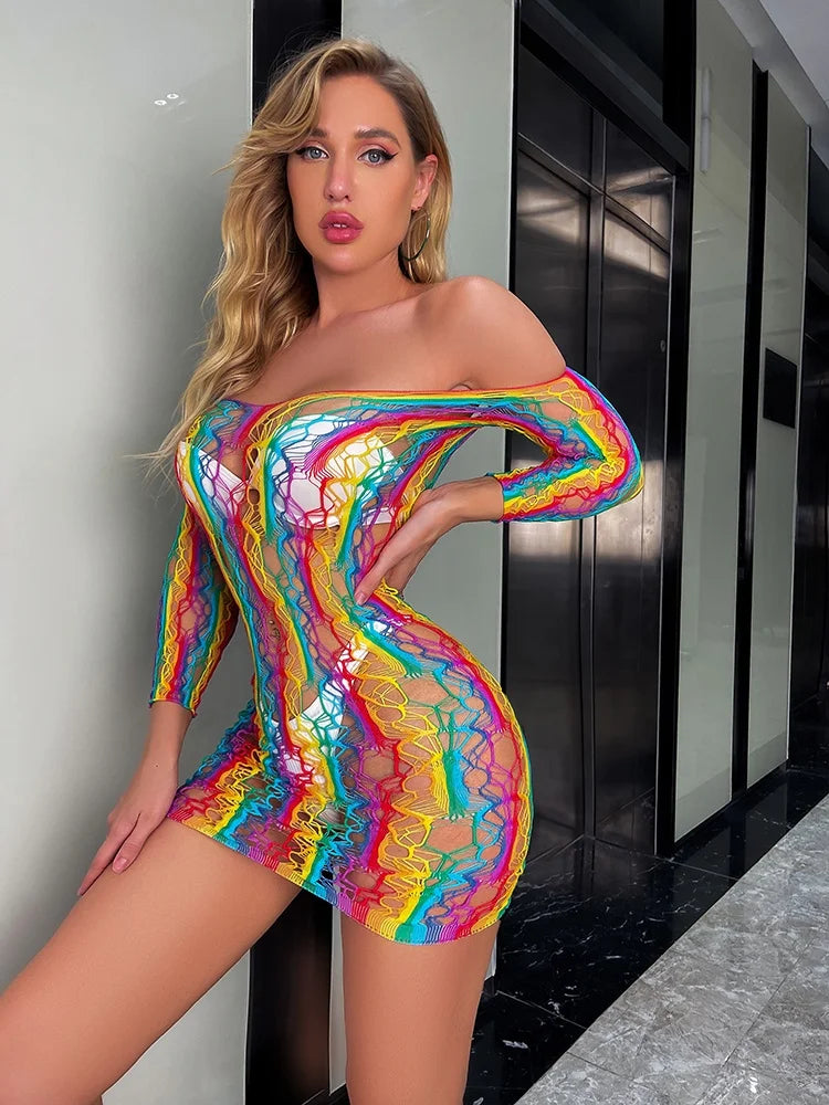 2023 Hot Rainbow Color Bodystocking Women Sexy Lingerie Fishnets Summer Vacation Outfit Hollow Sheer Stockings