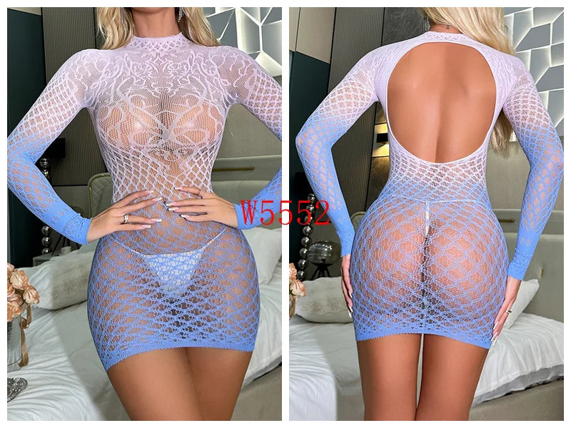 2025 New Colorful Gradient Two-Color Stretchy  Fishnet Body Stocking Plus Size Sexy Lingerie Bodycon Evening Dress