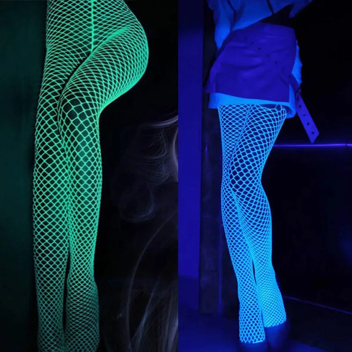 Halloween Glow in the Dark Fishnet Stockings Dress  Luminous Sexy Fishnet Pantyhose for Women's Sexy Erotic Lingerie