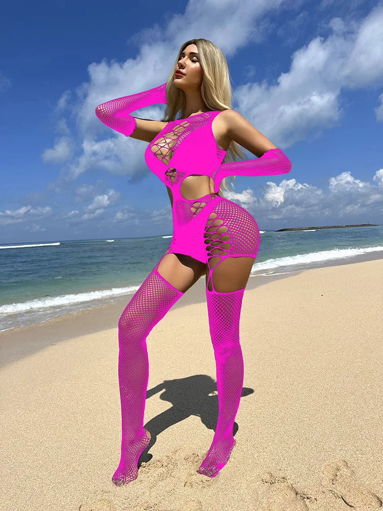Women Sexy Revealing Lace Fishnet Bodystocking Lingerie Crotchless Fishnets Pantyhose Adult Sexy Underwear with Cuff