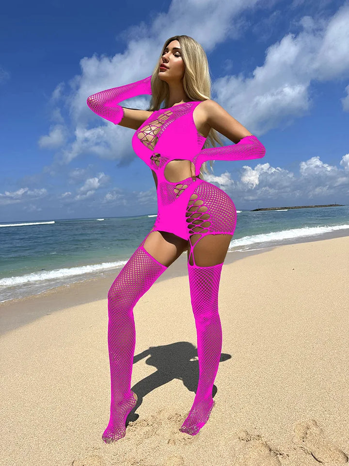 Women Sexy Revealing Lace Fishnet Bodystocking Lingerie Crotchless Fishnets Pantyhose Adult Sexy Underwear with Cuff