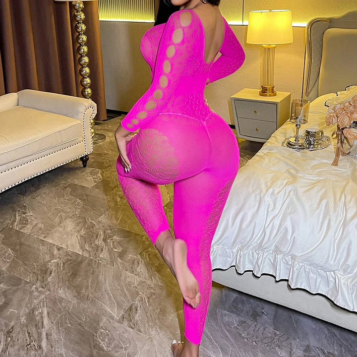 Woman Sexy Plus Size Body Stockings Mesh Sheer Transparent Bodystocking Long Sleeve Bodysuit Fishnet Pantyhose/Tights