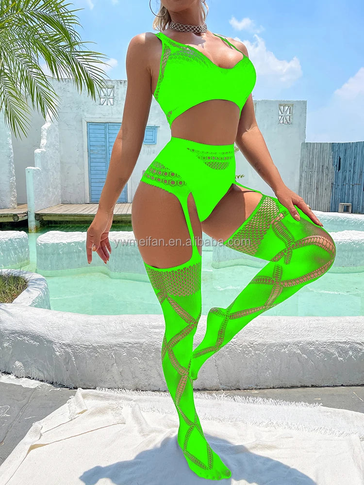 2pcs Sets Fishnets Bodystocking Sexy Cutout Tops/Tights Bodysuit Geometric Fishnets Bodysuit Sexy Suspender Pantyhose