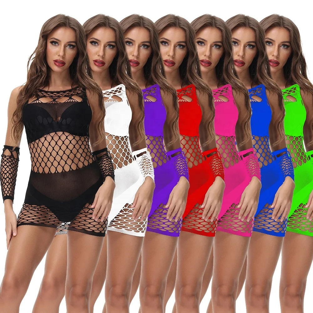 Wholesale 2pcs Set Sexy Lingerie Mini Dresses Hollow Out Women's Casual Clothing Sexy Mesh Lingerie Sexy Bodystocking