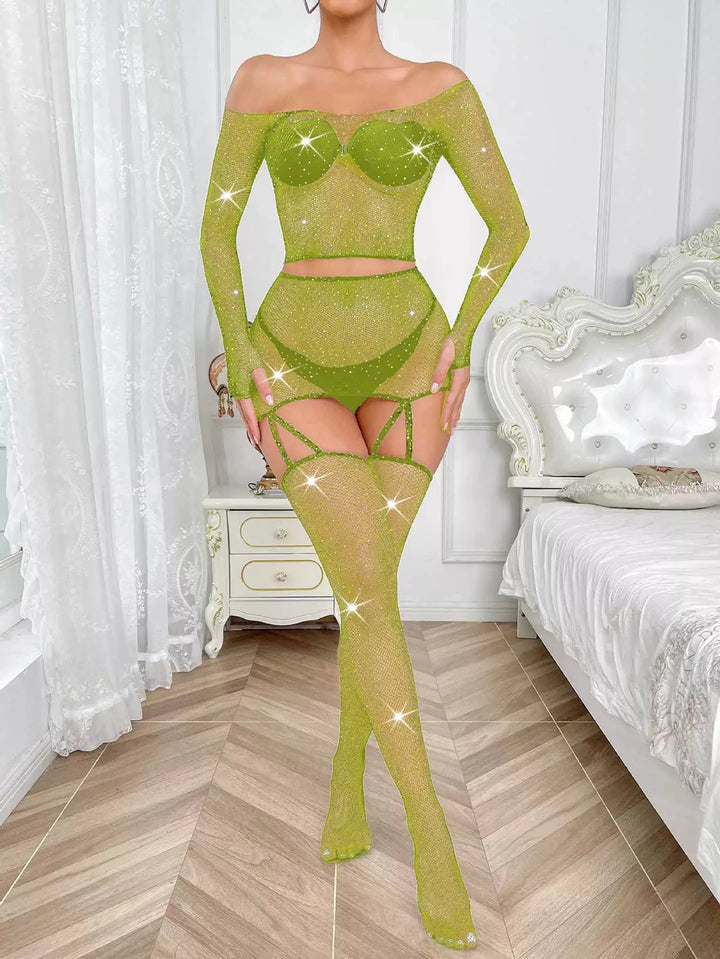 Wholesale Women's Long Sleeve Open Low Cut Body Stocking Women's Mesh Bodystocking Off the Shoulder Fishnet Bodysuit TzG063