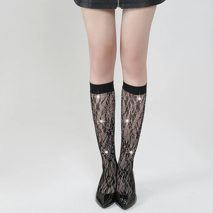 Sexy Rhinestone Nylon Fishnet Long Socks Fashion Decor for Women's Clothing Nylon Hosiery Stockings Lingerie Femme