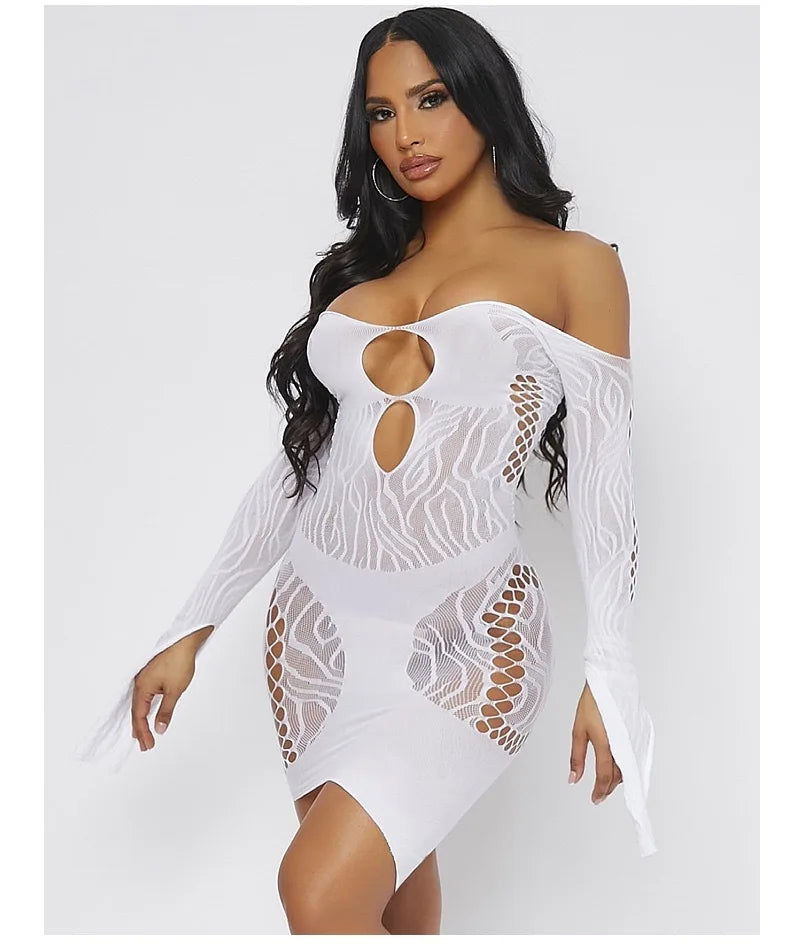 Women's Sexy Breathable Dress New Mesh See-Through with Hollow Off-Shoulder Long Sleeve Patchwork Fashion Design Skinny Fit Wear