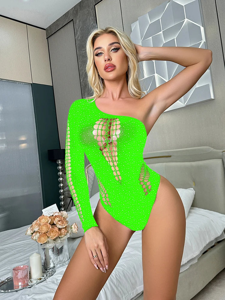 Rhinestone Fishnet Bodystocking With Sleeve Black Diamond 2PCS Bodysuit Women's Party Wear Dress Exotic Dancewear Tz629